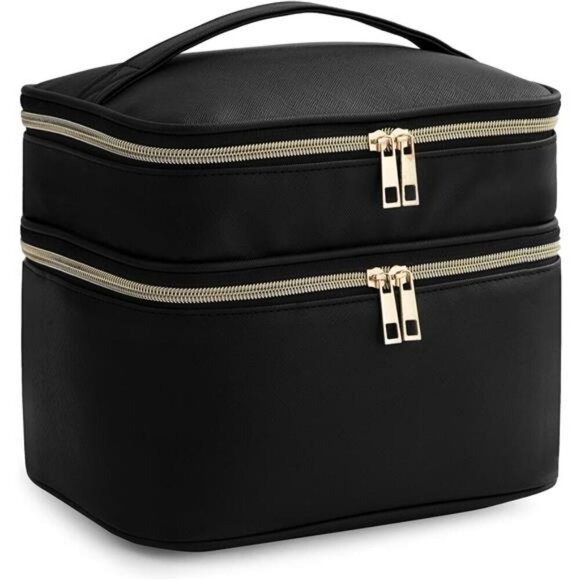 Large Travel Makeup Bag Black Leather Cosmetic Organizer with Handle Divider - Picture 1 of 7